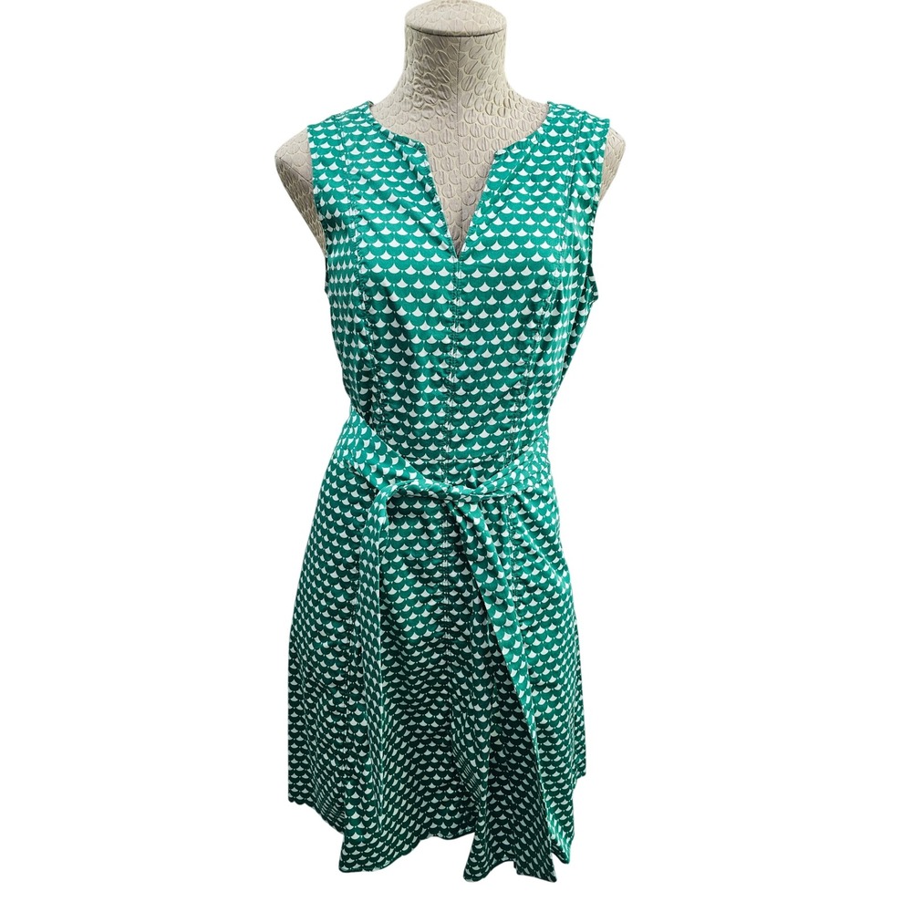 Boden Scalloped Print Dress Womens 6R Green White Cotton Belted Pockets W0588